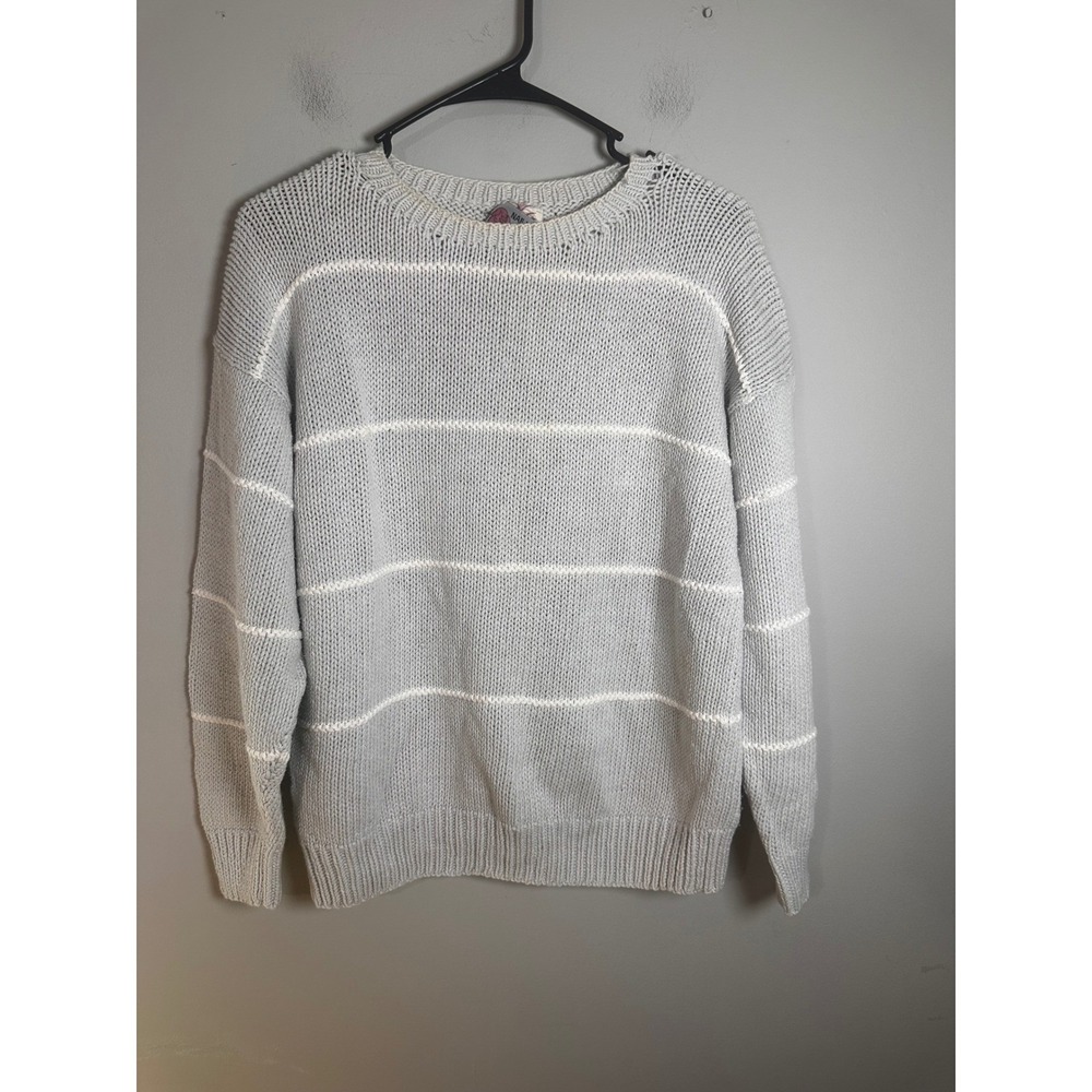 Naf Naf Vintage Gray Striped 100% Cotton Chunky Knit Crewneck Sweater Peru